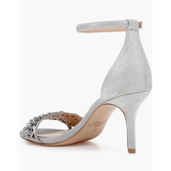 Jewel Badgley Mischka Kirsten Silver Glitter Laser Cut Heeled Sandal 9 New - Picture 3 of 13